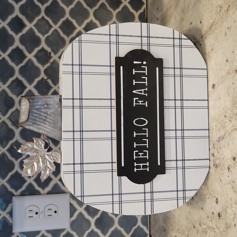 Gray and White "Hello Fall" Plaid Wood Pumpkin